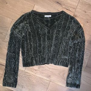 Chenille Green V-neck Cropped Sweater